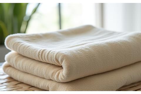 A plush, oversized beach towel made from organic cotton, folded neatly on a wooden display, showcasing its natural texture and earthy tones.