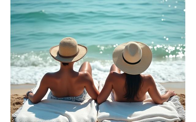 A couple relaxing on the beach with Beach Elevate towels