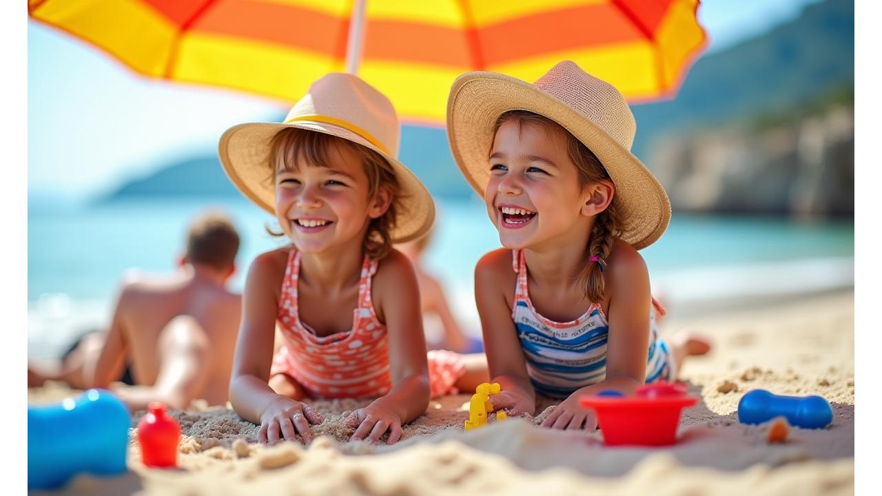 Joyful children playing on a sunny beach, laughing under a colorful beach umbrella, wearing sun hats and bright swimwear.