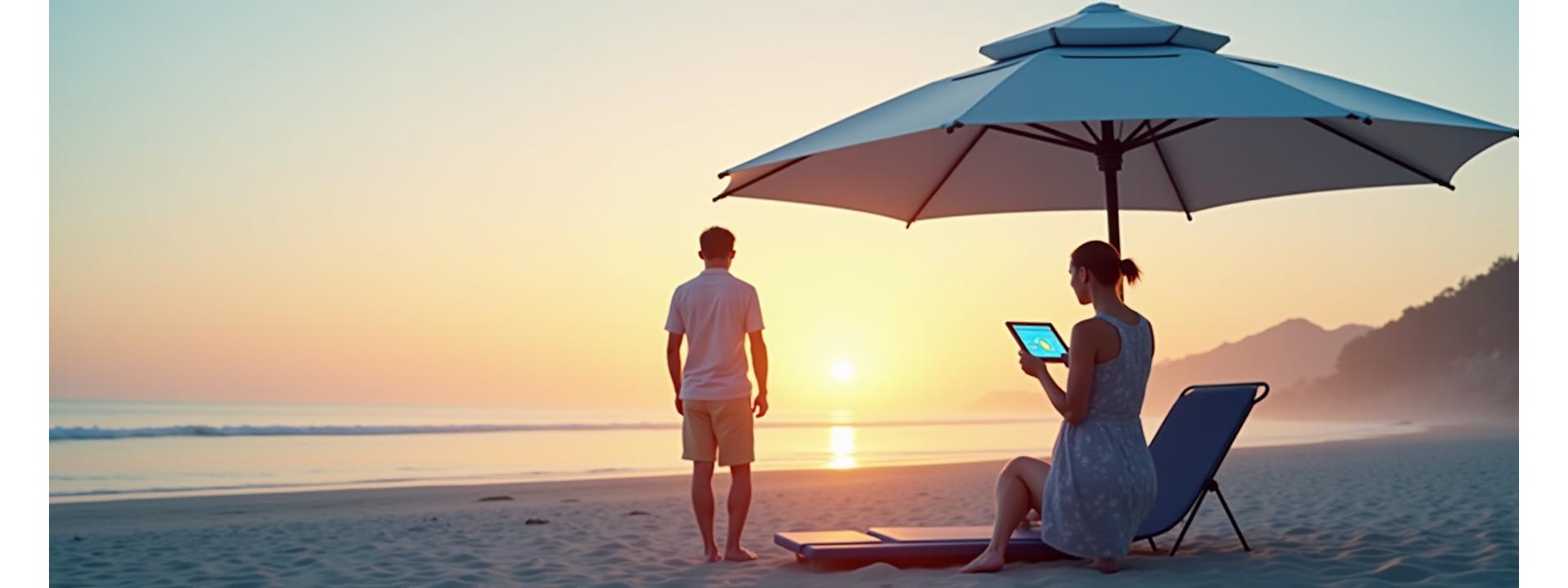 Futuristic smart beach umbrella with integrated solar panels and a person happily checking a smartphone, showcasing connectivity.